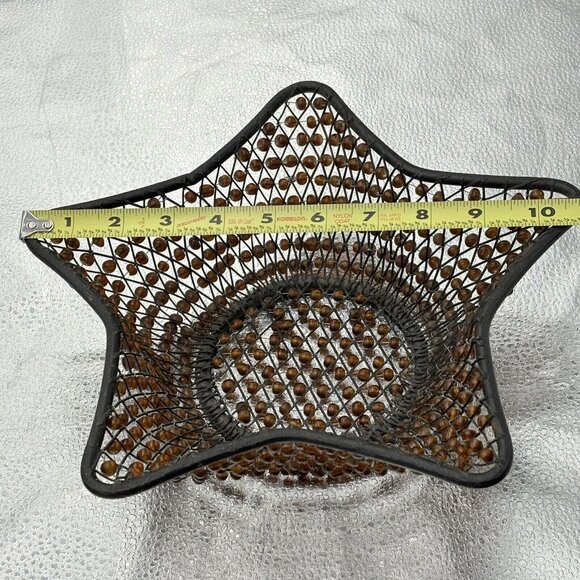 Christmas Star Basket Black Metal Wire Brown Beaded Bread Bowl Centerpiece Boho - Picture 7 of 9